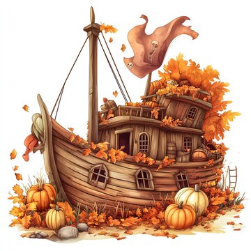 recommend clip art: A pirate shipwreck decorated for Thanksgiving clipart, cozy and rustic, rich fall colors, digital illustration, isolated on white background