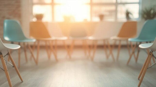 A circle of empty chairs stands in a bright room bathed in sunlight, inviting conversations or a collaborative meeting