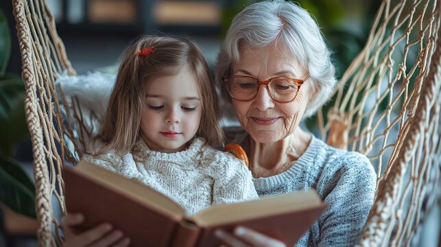 senior grandmother reading book with her child girl nephew relaxing in comfortable hammock sharing happiness and joyful moment at home with family lifestyle