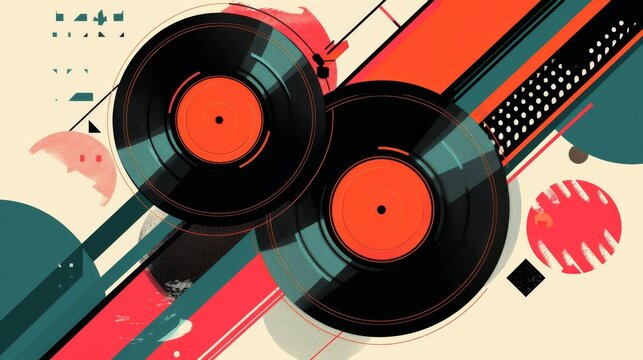 Colorful vinyl records set against a backdrop of dynamic geometric shapes and patterns. This vibrant and modern artwork captures the essence of music and retro culture, perfect for themes related to