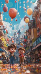 Vibrant Animated Street Celebration with Colorful Balloons and Happy Characters