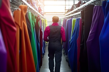 Fototapeta premium Person walking through a colorful fabric warehouse.