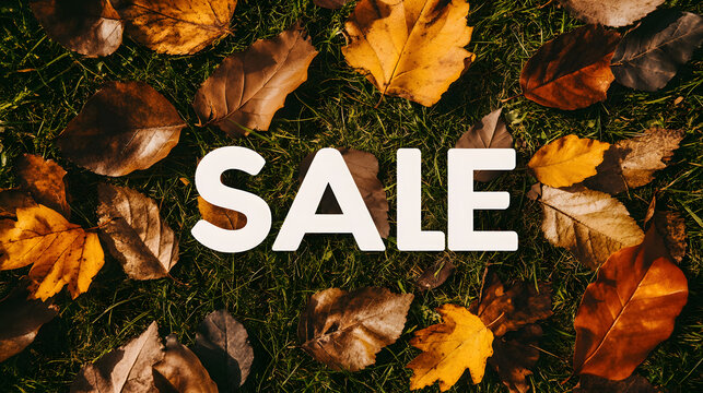 White bold SALE text on autumn maple leaves with vibrant orange and red colors on dark textured background