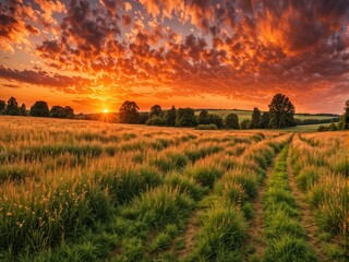 Fototapeta premium Beautiful blazing sunset landscape at over the meadow and orange sky above it. Amazing summer sunrise as a background