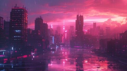 Obraz premium A stunning futuristic cityscape bathed in vibrant pink and purple hues at sunset. Skyscrapers line a reflective river, with neon lights and rain adding a cyberpunk aesthetic, perfect for sci-fi themes
