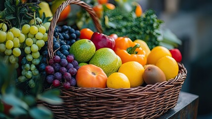 A vibrant basket filled with assorted fresh fruits, showcasing nature's bounty.