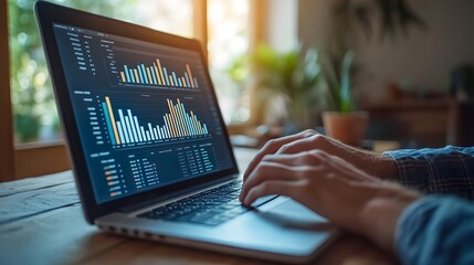 Close up of social media manager analyzing campaign metrics on laptop screen
