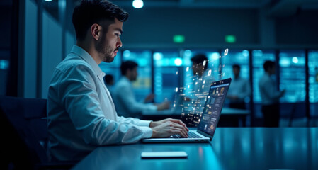 A white professional using a laptop in a high-tech environment with holographic displays, fiber optics, and co-workers in the background.