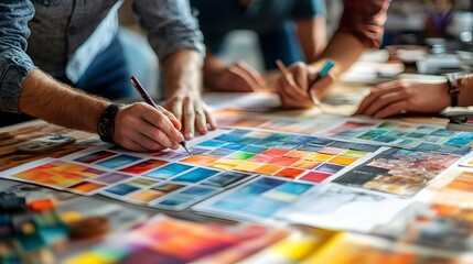 Collaborative Design Brainstorming Session Around Colorful Workspace