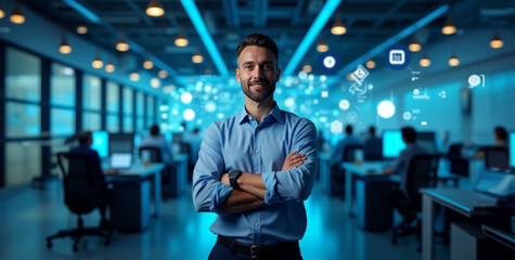 Confident male tech employee stands with arms crossed, busy high-tech office in the background, showcasing advanced technology and digital communication.