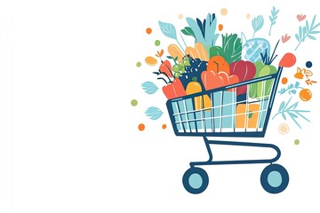 Colorful grocery cart filled with fresh produce.