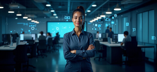 Confident woman with arms crossed in a high-tech office, using a laptop with holographic displays and busy technology backdrop.