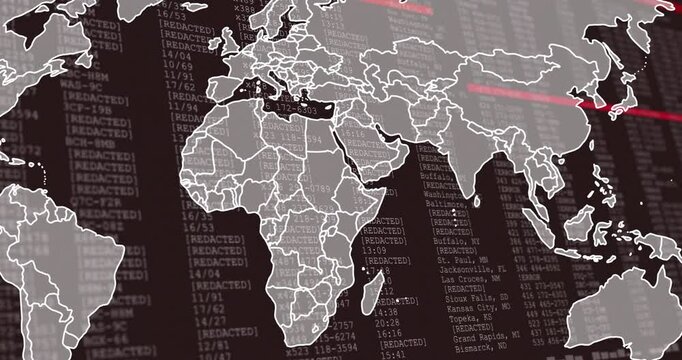 World map animation over redacted data and numbers on dark background