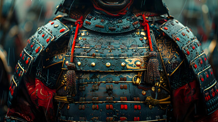 Naklejka premium Samurai Armor Close Up: Blue and Red with Gold Accents Illustration