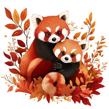 recommend clip art: A Thanksgiving banner with red pandas and fall foliage clipart, festive and cute, warm tones, digital illustration, isolated on white background