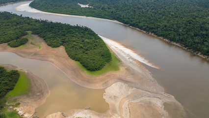 NANAY RIVER IN THE PERUVIAN AMAZON DURING THE DRY SEASON OF THE RIVERS, AMAZONIAN BEACHES IN THE JUNGLE AND DROUGHT OF THE RIVERS, CONSEQUENCE OF THE DROUGHT OF THE RIVERS IN THE AMAZON