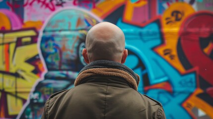 Obraz premium A man with a backpack and coat stands with his back turned, closely observing a colorful graffiti wall. The vibrant street art contrasts with his muted clothing, reflecting the urban culture's dynamic