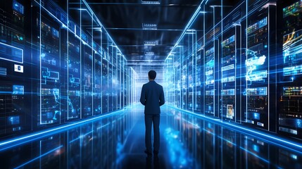 Futuristic digital cityscape with glowing lines and data servers