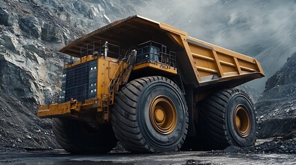 A large mining truck with its massive tires and sturdy construction operating in a quarry