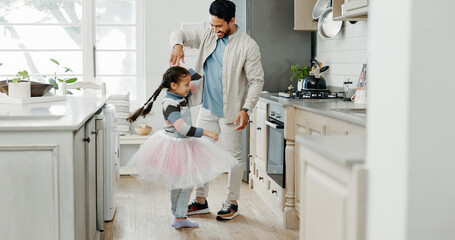 Father, child and dance for ballet in kitchen with tutu, family bonding and creative artist of movement performance. Happy, man and girl for princess game with love, spin support and talent at house