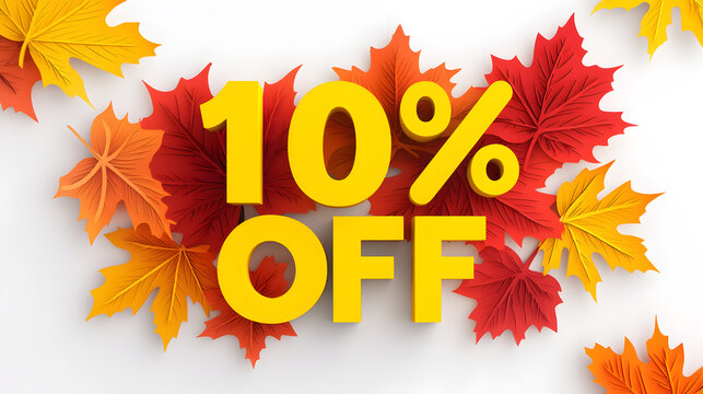 10 percent OFF text filled with autumn maple leaves texture, bold and vibrant seasonal discount promotion