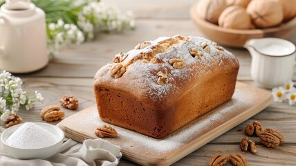 A loaf of freshly baked banana bread with walnuts and powdered sugar.