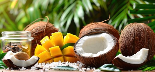 Fresh coconuts and ripe mango pieces with spices, ready for making a refreshing tropical drink or dessert. Perfect for summer recipes or healthy eating.