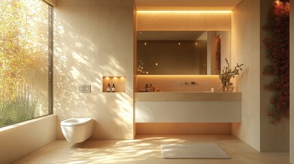 Modern bathroom with natural light and minimalist design.