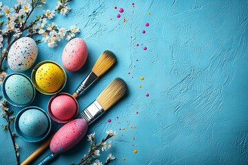 Colorful Easter eggs and painting tools arranged along a vibrant blue background with flowers