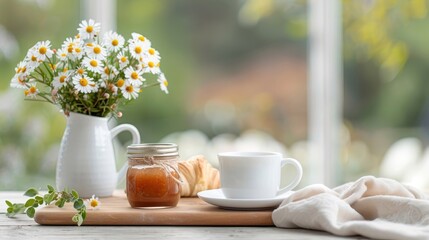 Cozy breakfast scene with a jar of garlic jam, warm croissants, and a cup of herbal tea, evoking a savory and comforting morning ambiance.