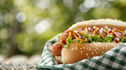 A classic American hot dog with all the fixings, ready for a picnic.