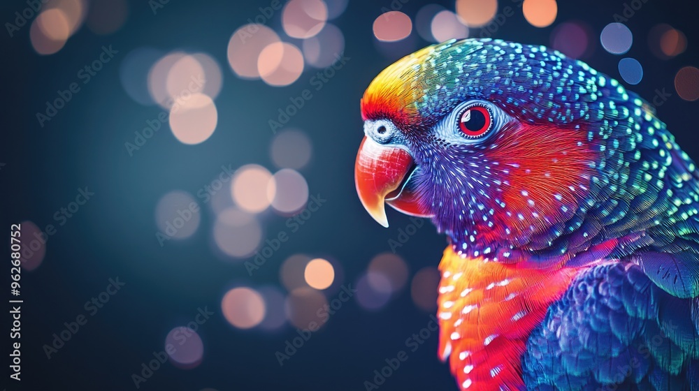 Sticker A vibrant parrot with colorful feathers against a blurred background of lights.