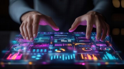 Hands hovering over a futuristic holographic ERP dashboard, partial body, business automation tools