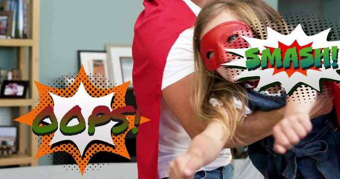 Carrying child in superhero costume, comic book animation with OOPS! and SMASH! text