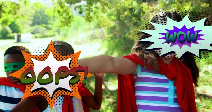 Children playing superheroes with OOPS! and WOW comic book animation over them