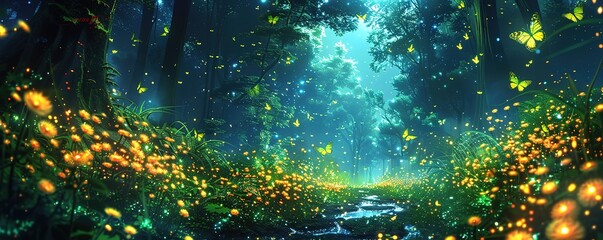 Magical forest scene with glowing fireflies and butterflies, creating a dreamy and enchanting atmosphere. Perfect for fantasy, nature, or magical themes.