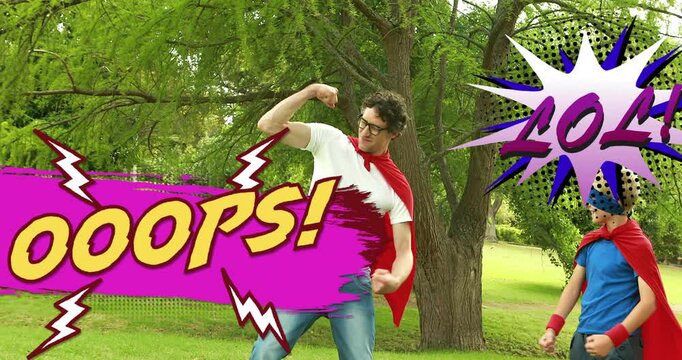 Superhero-themed text animation OOPS! and LOL over people in park