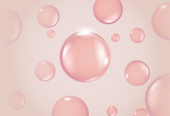 floating liquid bubbles. Pink Collagen Bubbles. Concept for cosmetics. 3d cosmetic molecule cream.