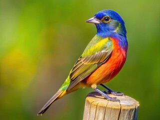 Obraz premium Vibrant female Painted Bunting perches on a weathered fence post, showcasing its radiant blue, green, and yellow plumage against a soft, sunny meadow backdrop.
