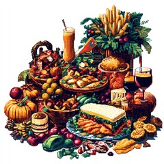Fototapeta premium A Thanksgiving feast with retro arcade game elements clipart, pixelated food and characters, nostalgic and fun, digital painting, isolated on white background
