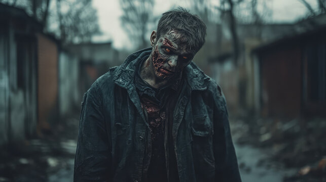 A zombie man is standing in a dark alleyway
