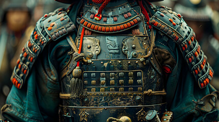 Fototapeta premium Closeup of Worn Samurai Armor with Intricate Details