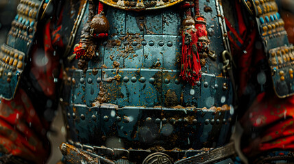 Fototapeta premium Close Up of a Mud-Covered Metal Armor with Red Tassels - Realistic Image