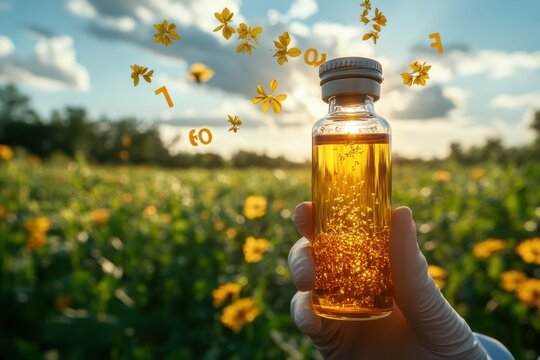 A scientist holding a vial of biofuel against the backdrop of a lush, green field, symbolizing the potential of renewable energy in agriculture and sustainability