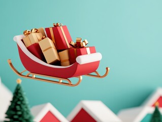 Santa's sleigh loaded with oversized gifts flying over rooftops, 3D clay render