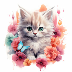 Painting of a kitten with flowers