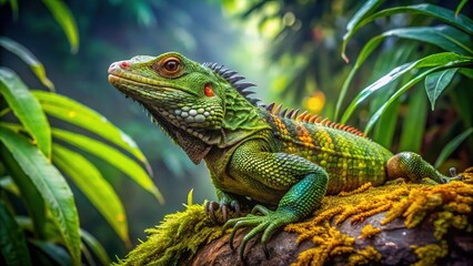 Obraz premium Vibrant green caiman lizard with scaly skin and spiky back perched on a rock, surrounded by lush tropical foliage in a misty rainforest habitat.