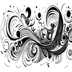 Abstract Black and White Swirling Design with Fluid Curves, Circular Patterns, and Dynamic Line Art.