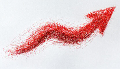 Upward-Trending Red Arrow Drawn with Crayon on a Clean White Background, Representing Growth and Market Improvement in High Detail
