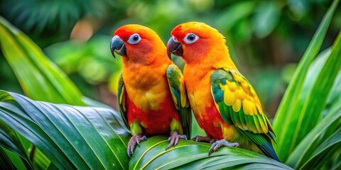 A Vibrant Photo Showcasing A Pair Of Tropical Love Birds Perched Together Amidst Tropical Greenery, Symbolizing Love, Companionship, And Connection.